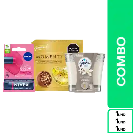 Combo Vela Vainilla + Nivea Hidratante Rosa + Moments Chocolates