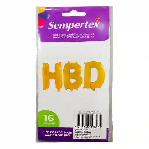 Globo Hbd Dorado Mate Metalizado 16i Sempertex 7703340398914
