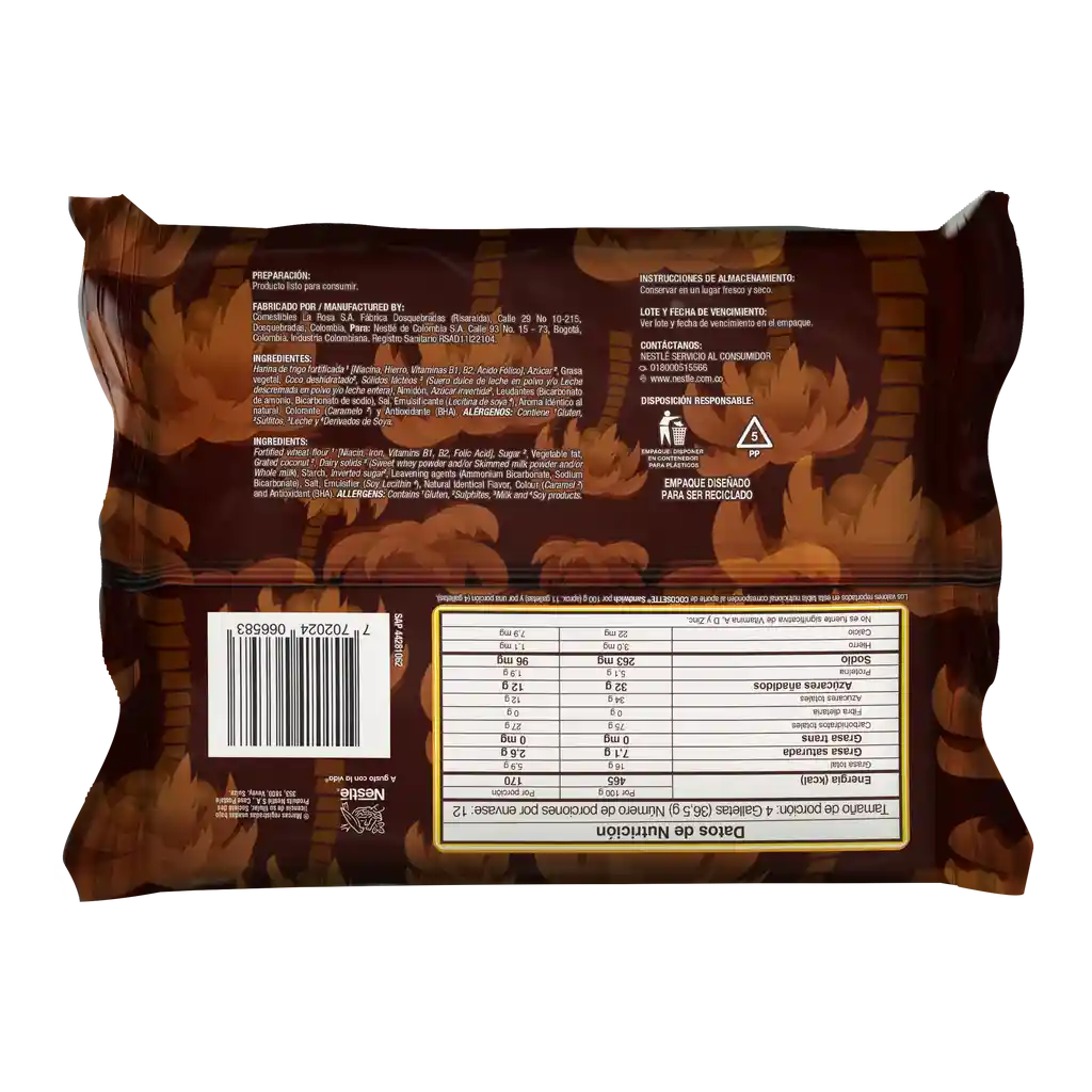 Galletas COCOSETTE Sándwich rellenas con crema de coco 12 Unds x 438g