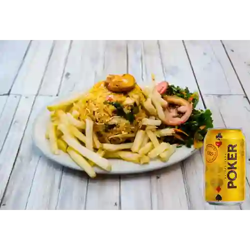 Combo Arroz con Pollo + Cerveza Poker Lta 330ml