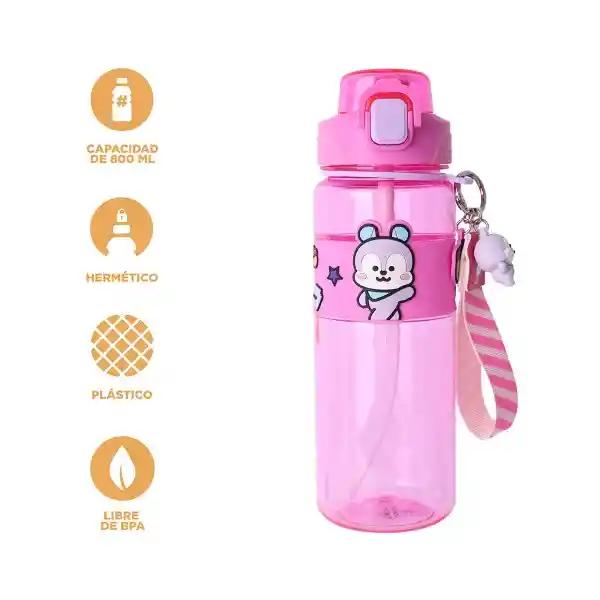 Botella Con Correa y Funda Serie Rosa 800 mL Bt21 Miniso