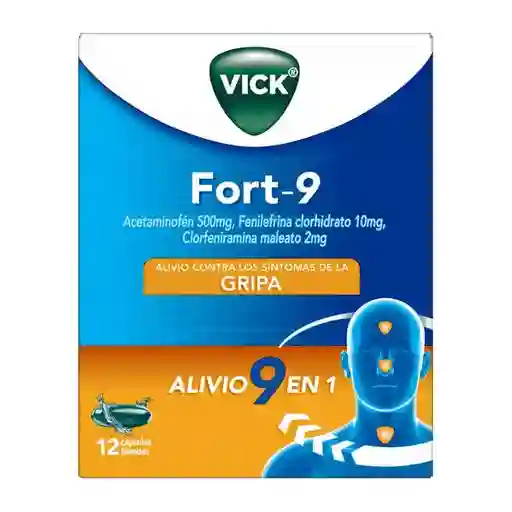 Vick Fort-9 multisintomas gripal con Acetaminofen Clorfeniramina y fenilefrina con 12 cápsulas