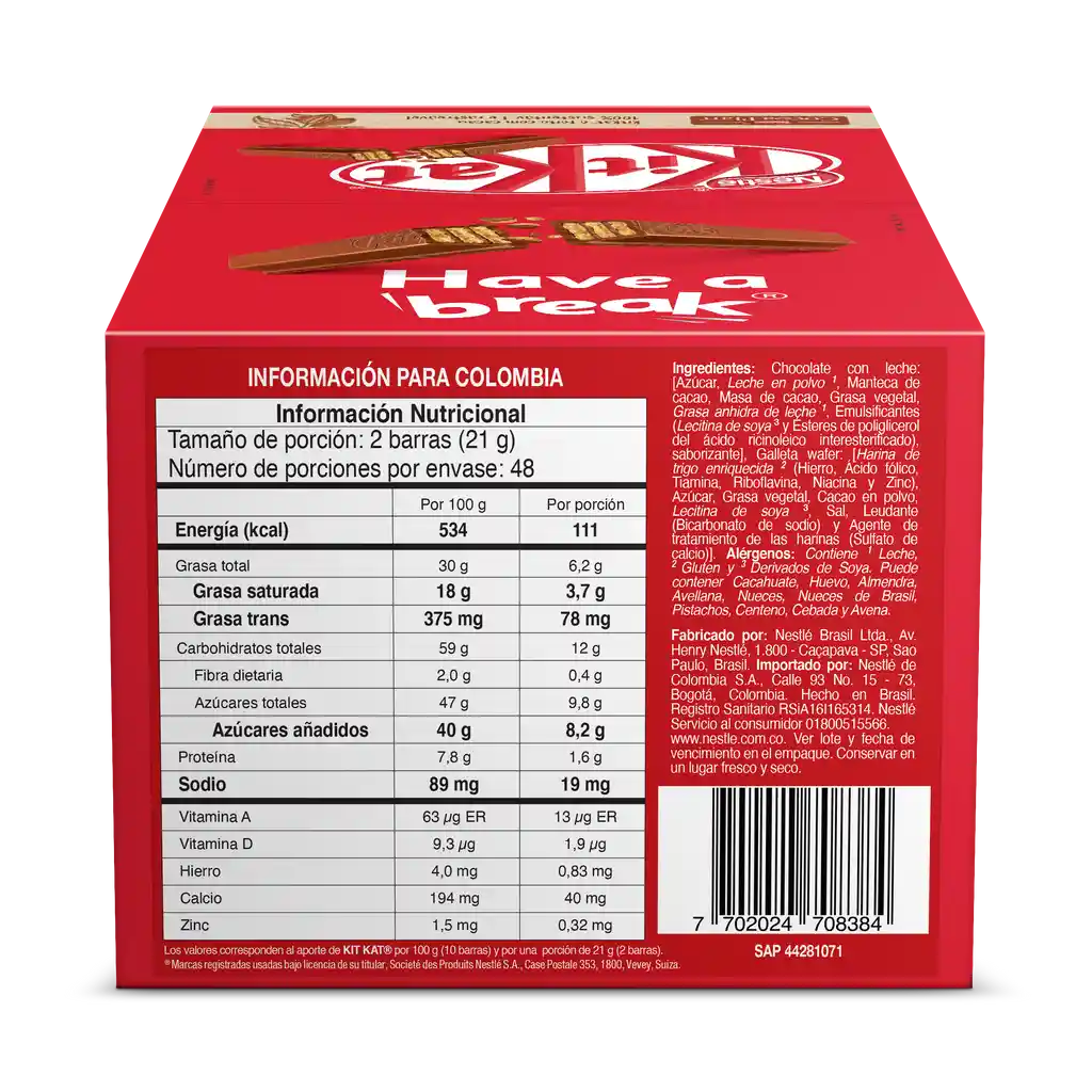 KitKat Galleta Wafer cubierta con chocolate con leche 24 Unds x 996g