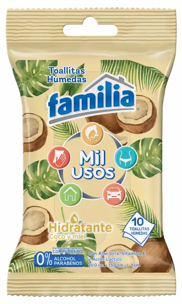 Familia Toallas Húmedas Mil Usos Hidratante con Coco y Miel