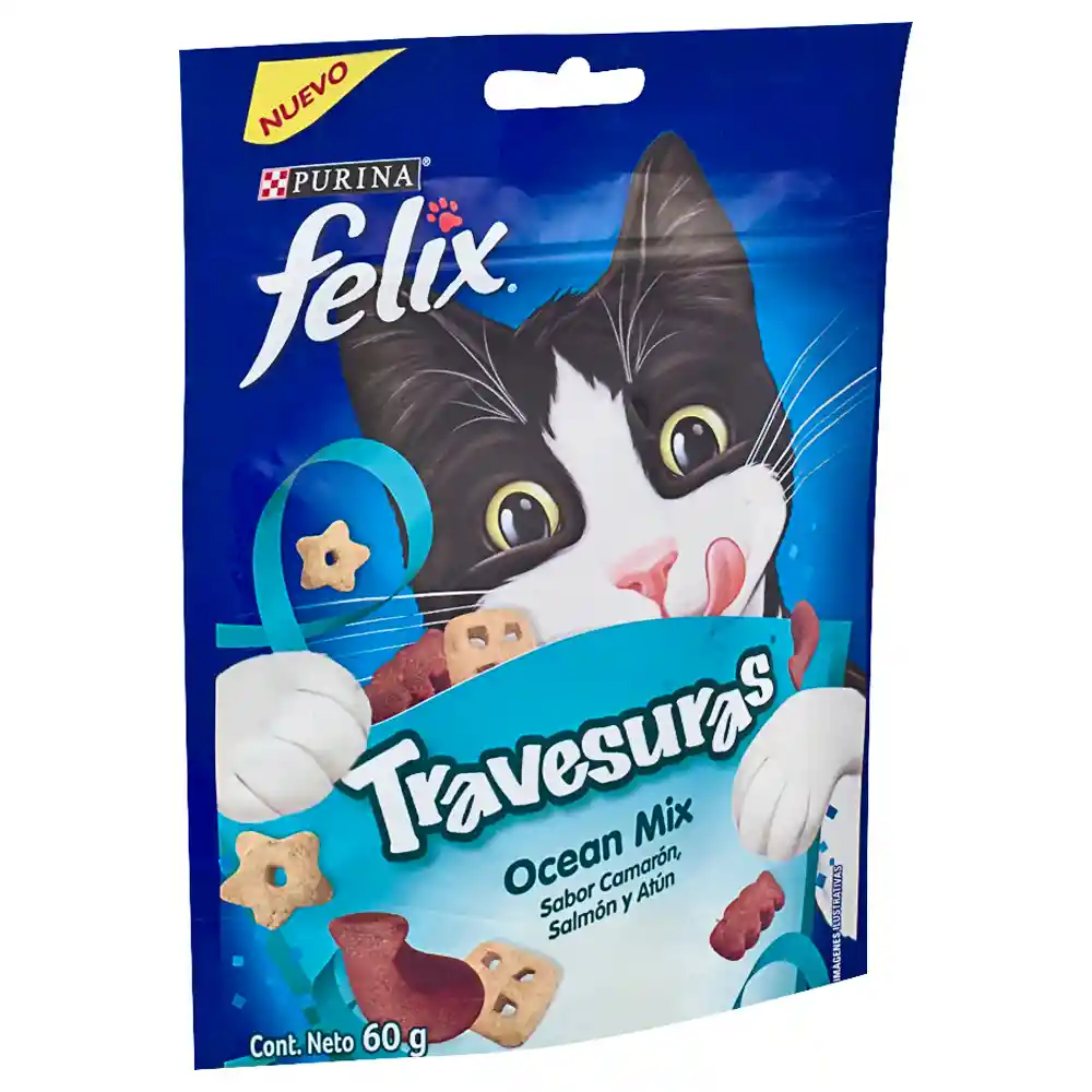 Snack para gatos adultos de todas las razas Purina Felix Travesuras sabor a Camarón, Salmón y Atún x 60gr