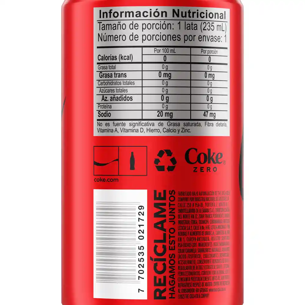 Gaseosa Coca-Cola ZERO 235ml x 6 Unds