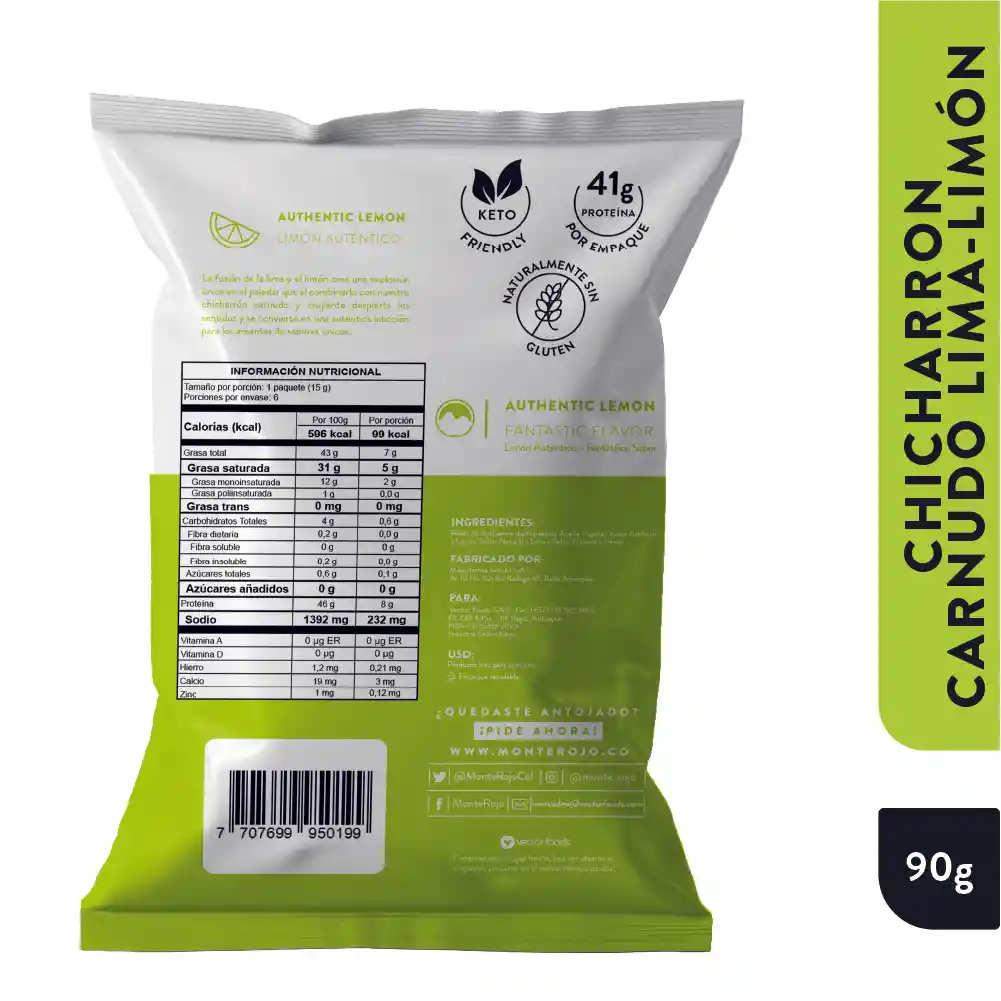 Monte Rojo Chicharrón Carnudo Lima Limón Club Colombia 90g