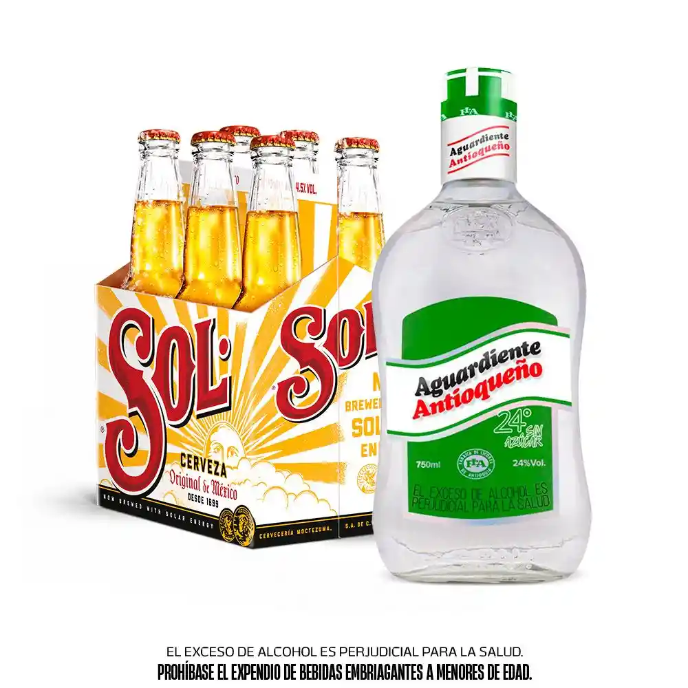 Six Pack Cerveza Sol Botella 330 Ml + Antioqueño Sin Azucar Verde 750 Ml