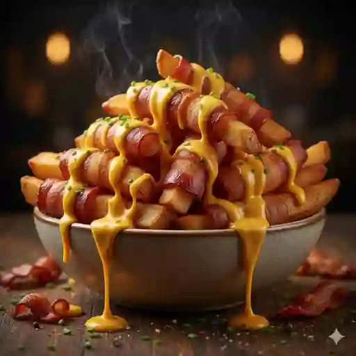 Papa Francesa Enrollada en Tocineta Bañada en Queso Cheddar