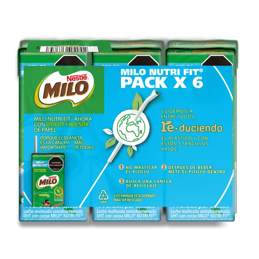 Leche achocolatada con malta MILO NUTRIFIT menos azucares* en cajita 6 Unds x 180mL c/u