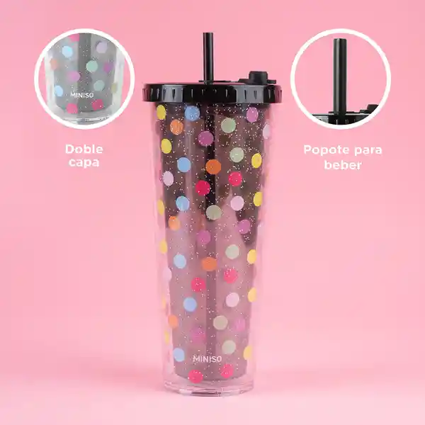 Vaso Plástico Doble Pared Con Pitillo Dots Negro 720 mL Miniso