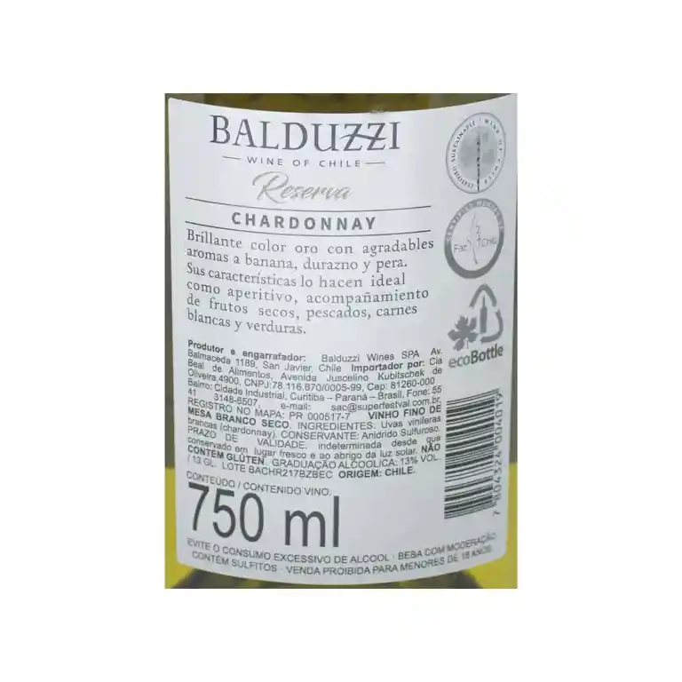 Balduzzi Vino Blanco Chardonnay Reserva