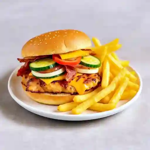 Hamburguesa de Pollo con Papás a la Francesa