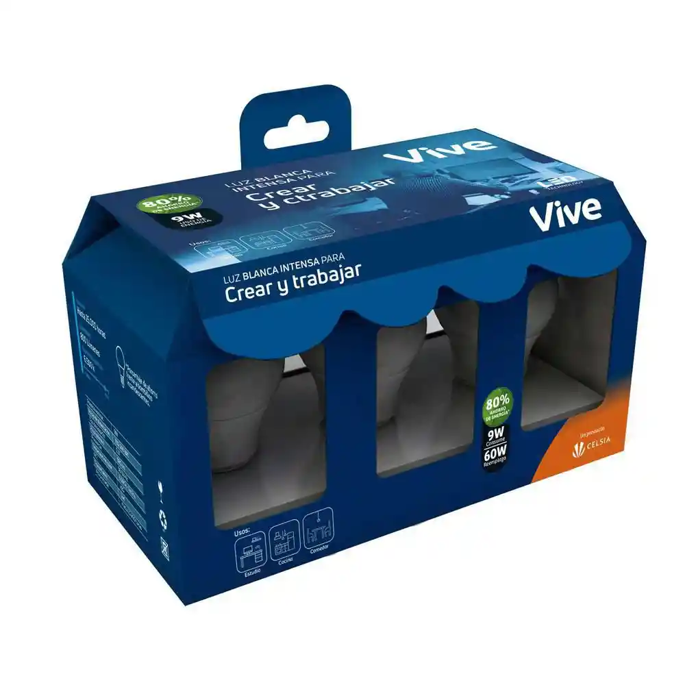 Kit x 3U Bombillos LED Vive Crear y trabajar 9W Luz fría