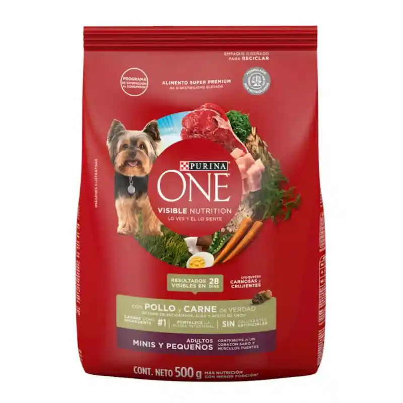 Comida para perro Purina One adultos minis y pequeños Pollo y Carne X 500gr