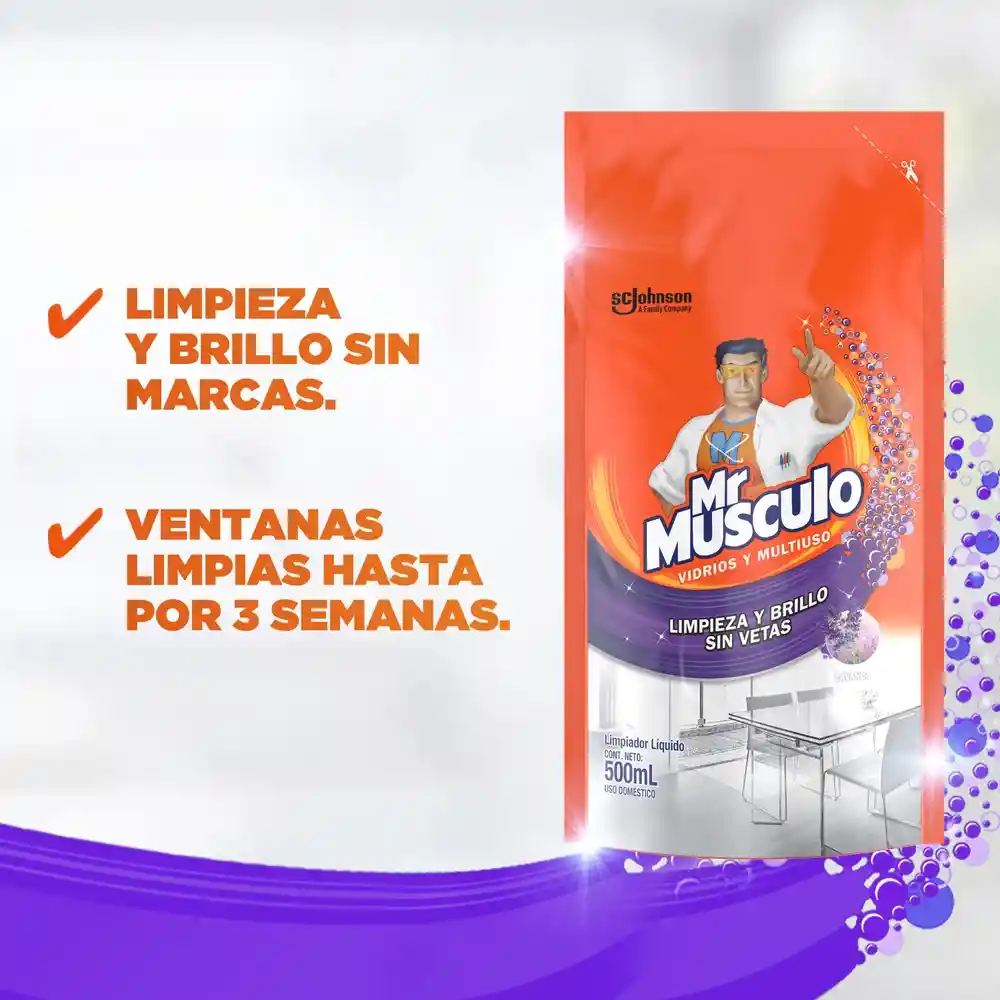 Mr Musculo limpiavidrios lavanda repuesto, 500 ml