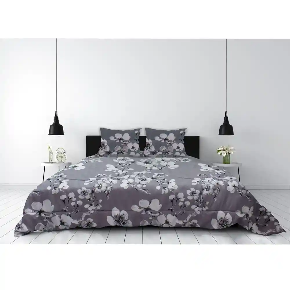 Edredón Cama Sencilla Estampado Floral Gris Empaque Tela