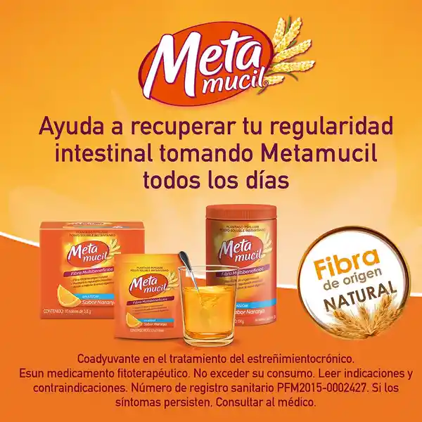 Metamucil Fibra Natural Psyllium ayuda a la regularización intestinal sabor Naranja 174 g con 30 dosis