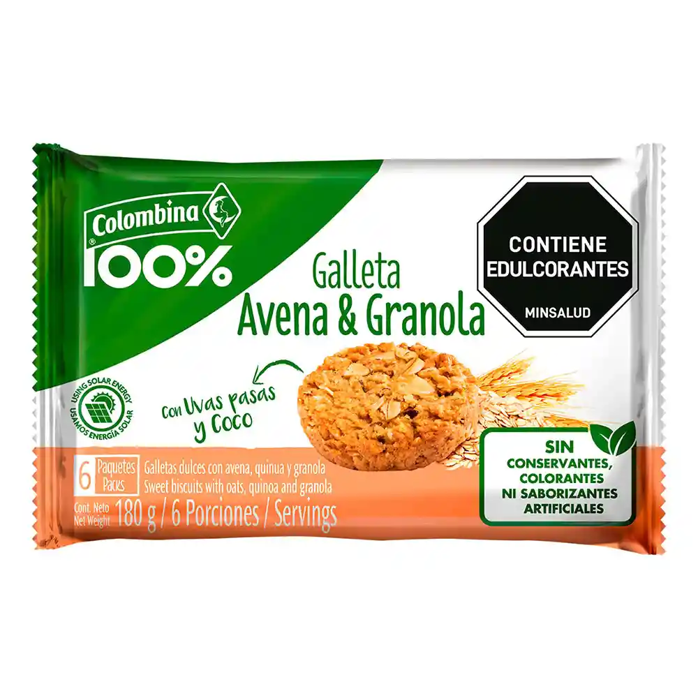 Colombina 100% Galleta Avena y Granola con Quinua, Coco y Uvas