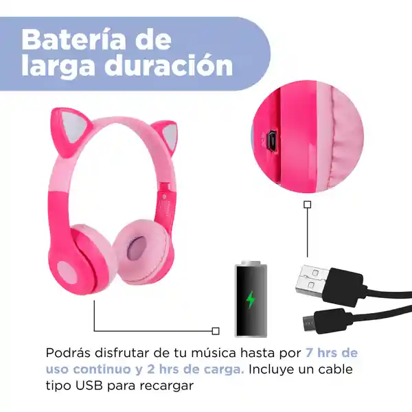 Audífonos Inalambrico Luz Led Orejas de Gato Rosa 23Bf06 Miniso