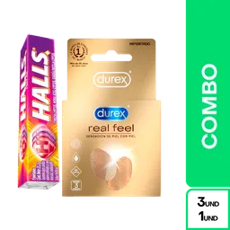 Combo Durex Condon Real Feel + Halls Mix Frutas