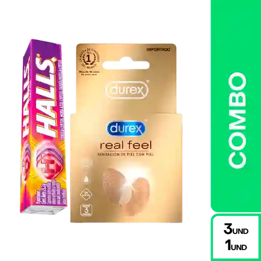 Combo Durex Condon Real Feel + Halls Mix Frutas