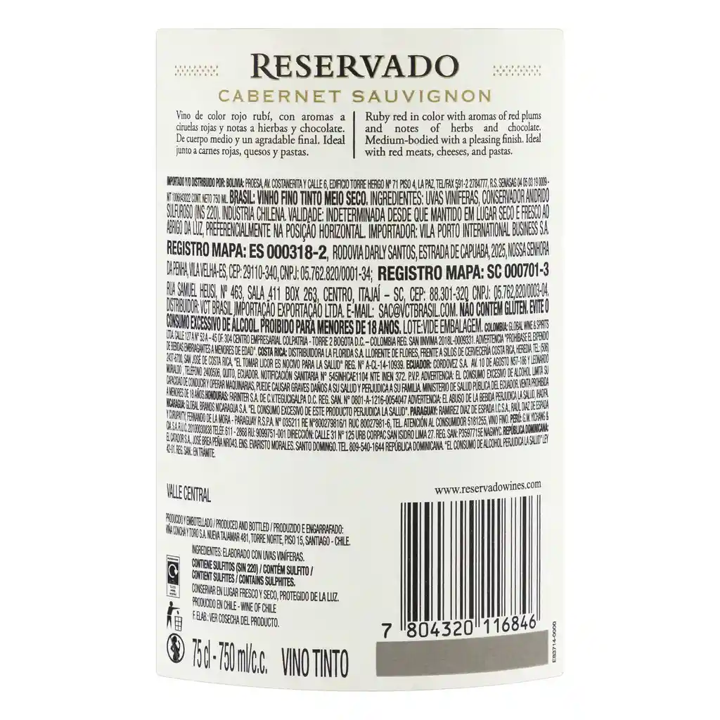 Reservado Concha Y Toro Vino Tinto Cabernet Sauvignon