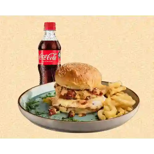 Hamburguesa criolla, bebida, acompañante