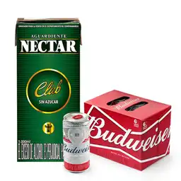 Aguardiente Nectar Verde Sin Azucar Tetra 1000 Ml + Six Pack Cerveza Budweiser Lata 269 Ml