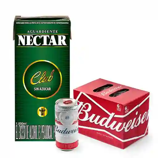 Aguardiente Nectar Verde Sin Azucar Tetra 1000 Ml + Six Pack Cerveza Budweiser Lata 269 Ml