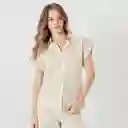 Blusa Cuello Camisero Manga Corta Beige Talla S 701860