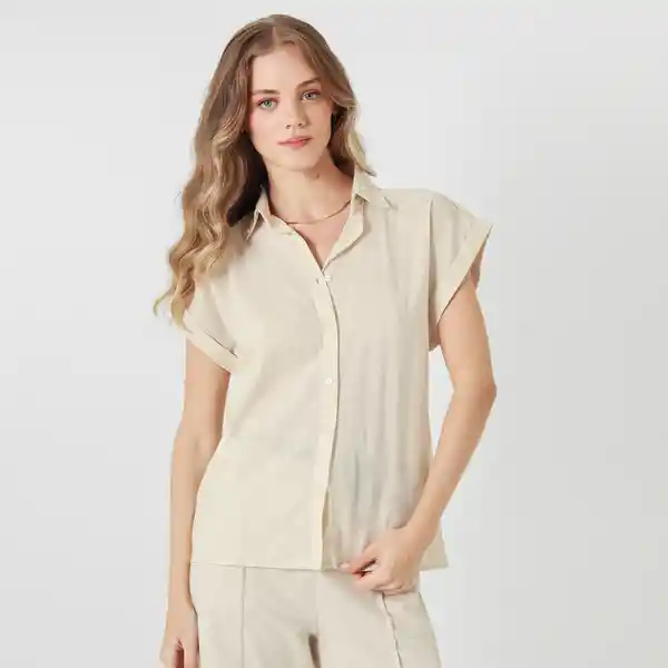 Blusa Cuello Camisero Manga Corta Beige Talla S 701860