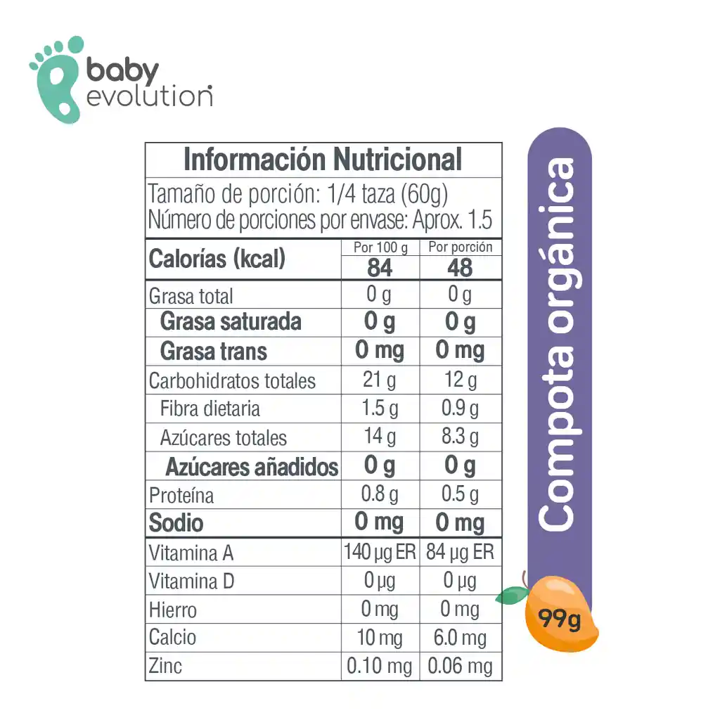 Baby Evolution Compota Orgánica Banano Durazno Mango. 0g de azúcar añadido.