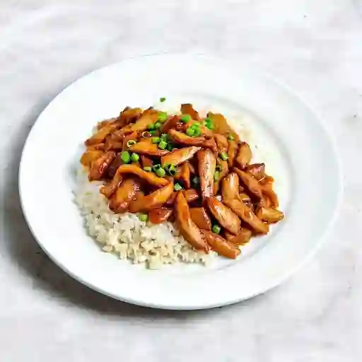 Carne teriyaki sobre base de arroz