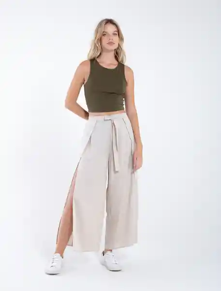 Pantalón Tira Amarrar Frente Crudo Beige Claro Talla M Mujer Naf Naf