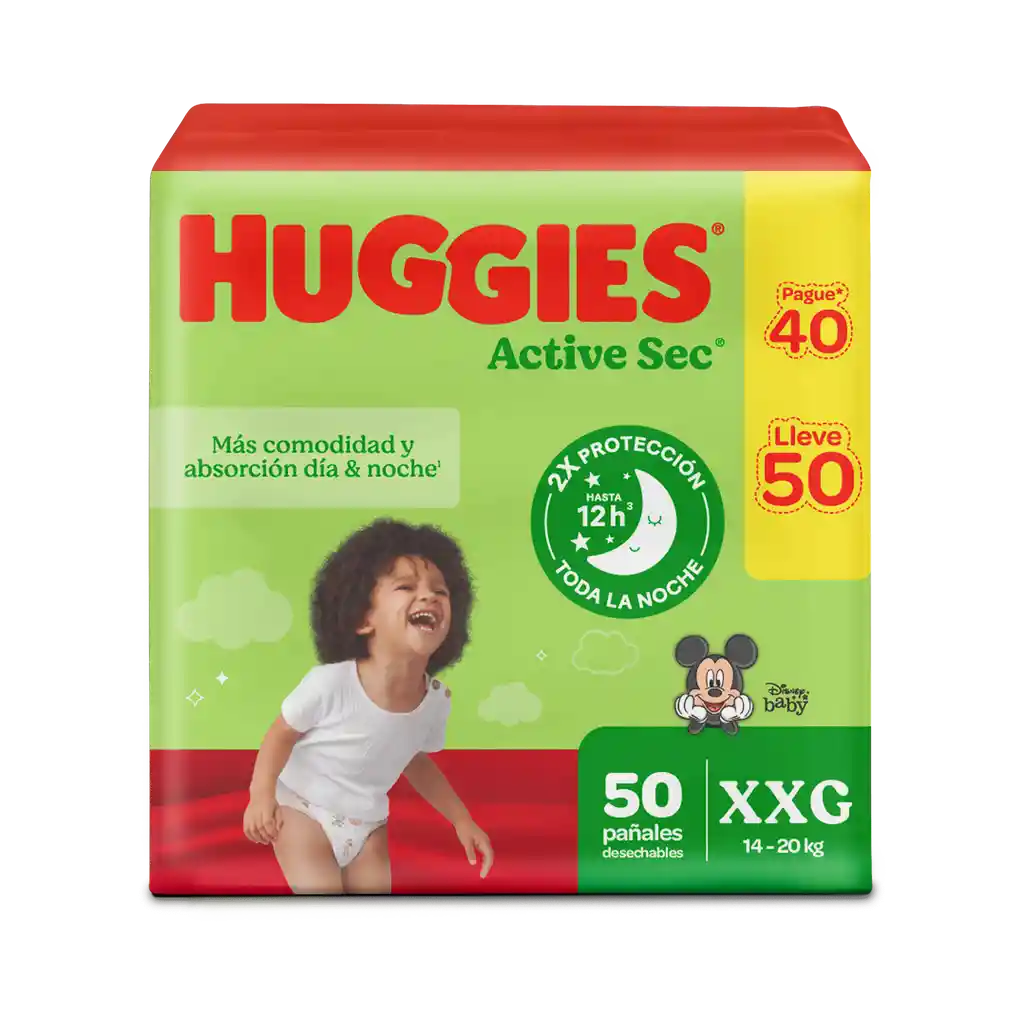 Pañales Huggies Active Sec Etapa 5/XXG PROMO Pague 40 lleve 50 Unidades