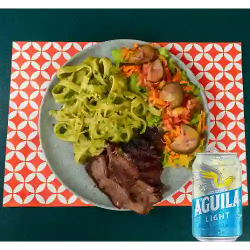 Combo Res Ahumada con Fetuchini Pesto + Aguila Light Lata 330ml