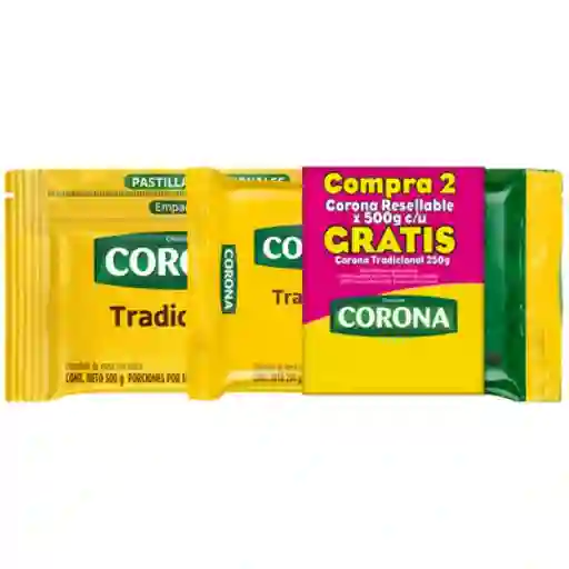 Chocolate Corona x 500g 16 pastillas x 2unidades más gratis corona x250 gramos 