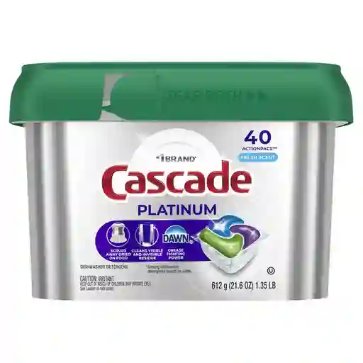 Cascade Detergente Platinum Morado Verde Azul y Blanco