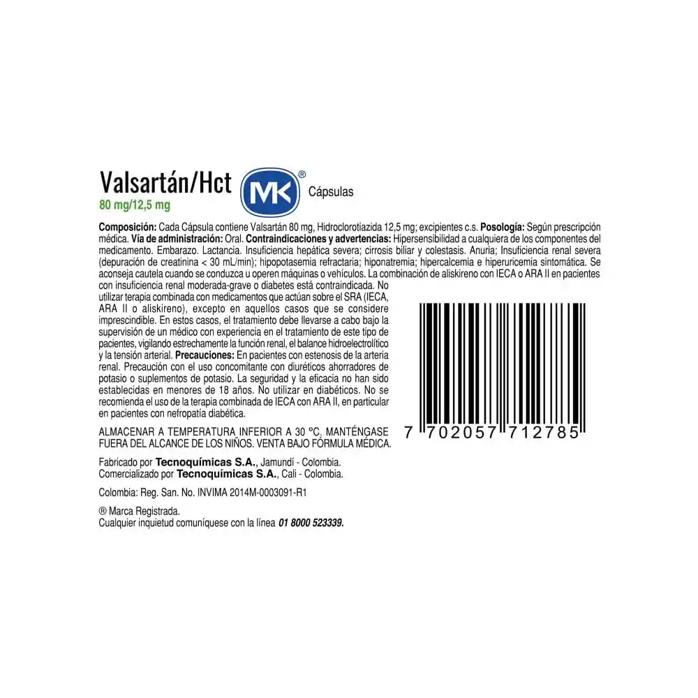 Mk Valsartán Hct (80 mg/12.5 mg)