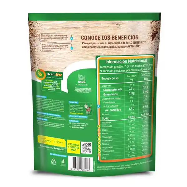 Modificador de leche MILO NUTRI-FIT menos azúcares x 750g