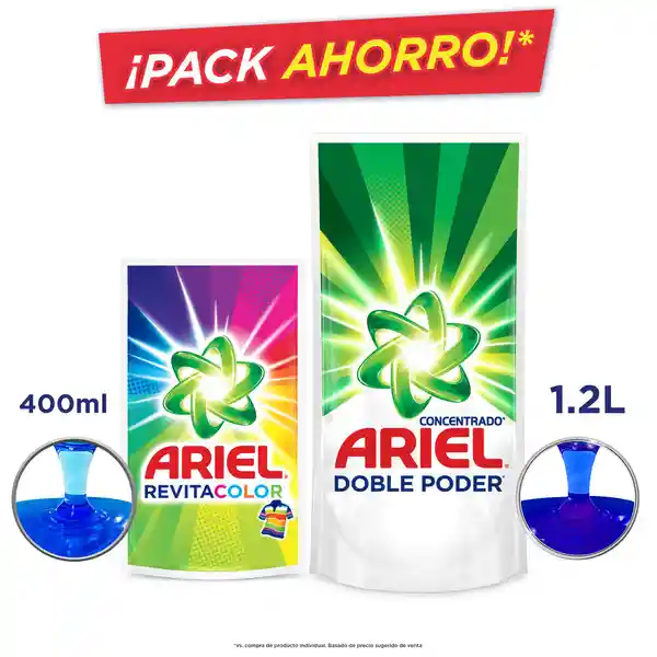 Ariel Doble Poder Líquido 1.2L + Ariel Revitacolor Líquido 400ml