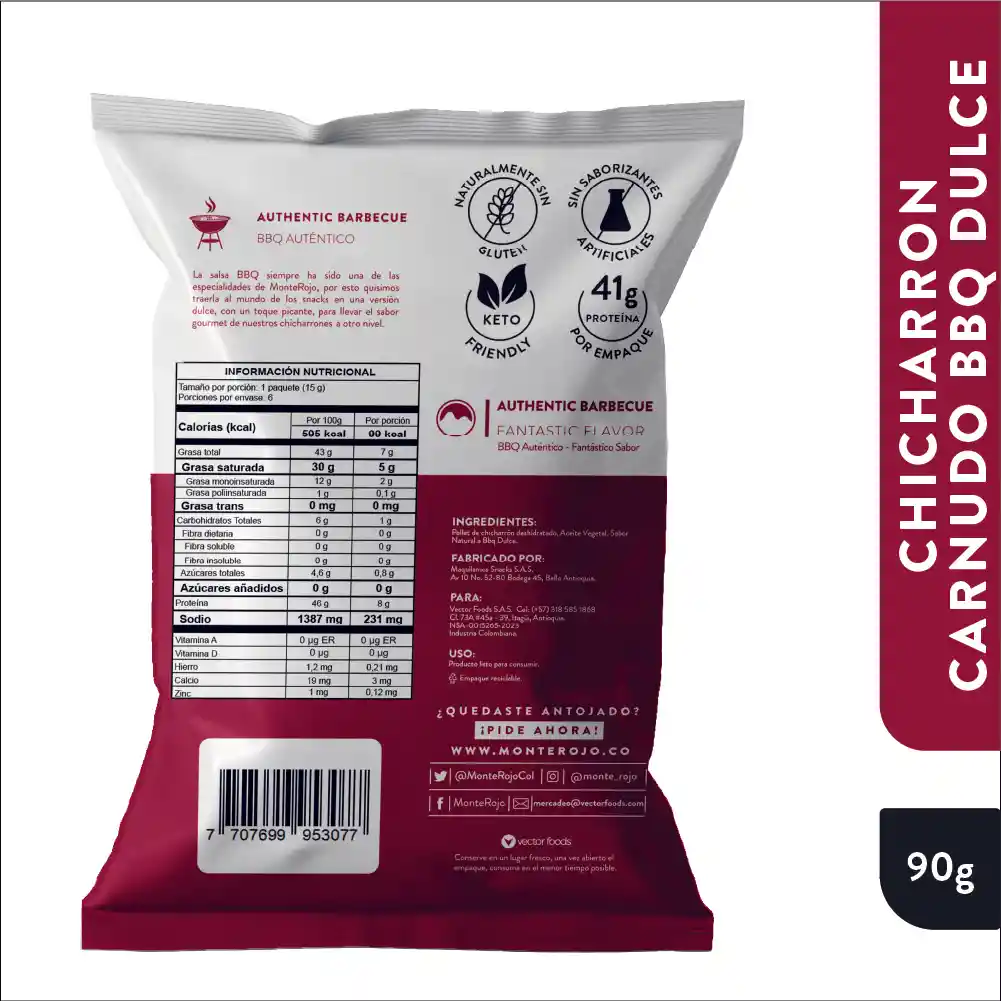 Monte Rojo Chicharrón Carnudo BBQ Dulce Club Colombia 90g