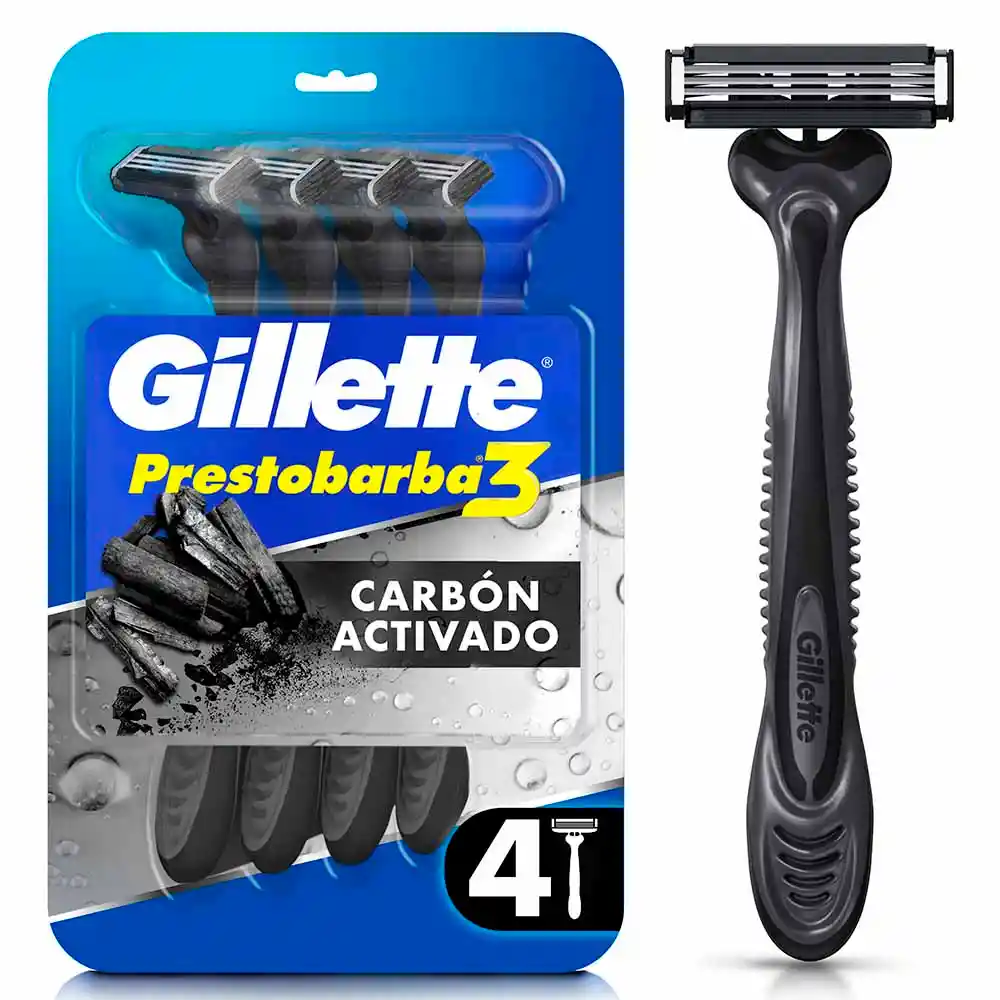 Gillette Prestobarba 3 Carbono Cuchillas de Afeitar con Carbón 4 Uds