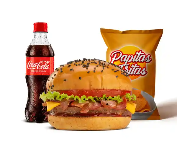 Hamburguesa Queso Tocineta + Coca-Cola Gaseosa + Papas Pollo