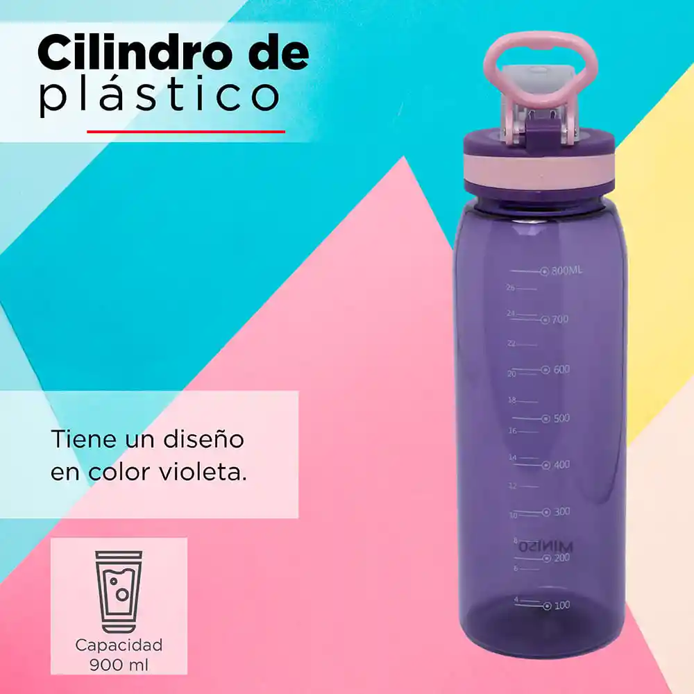 Miniso Botella de Plástico Para Deportes Con Asa Morado 900 mL