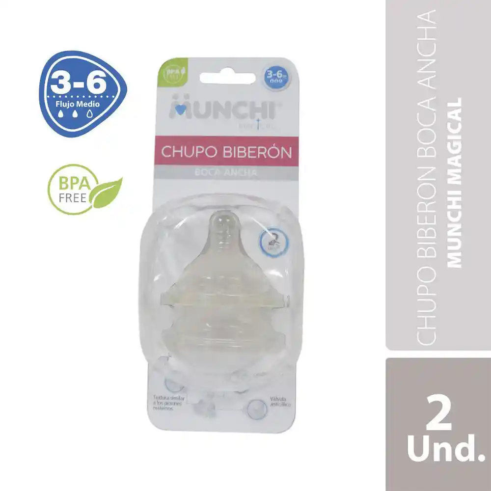 Munchi Chupo Biberon Boca Ancha Flujo Medio Transparente