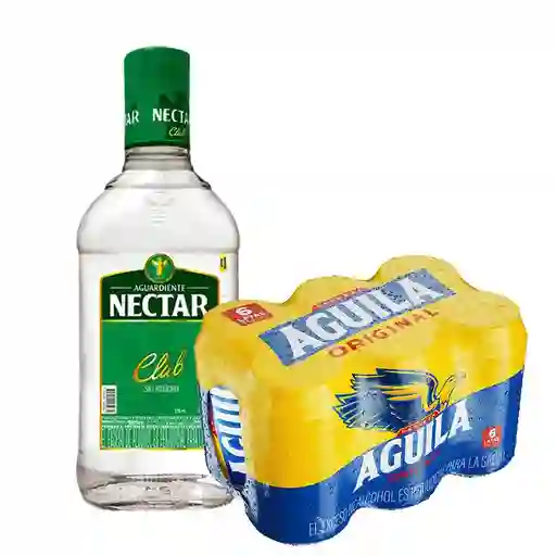 Aguardiente Nectar Club Sin Azucar 375 Ml + Six Pack Cerveza Aguila Lata 330 Ml