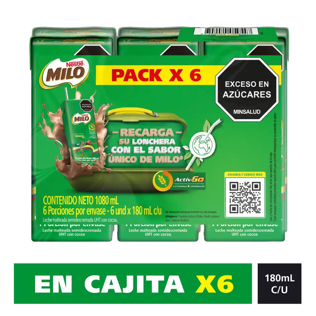 Leche achocolatada con malta MILO en cajita 6 Unds x 180mL c/u
