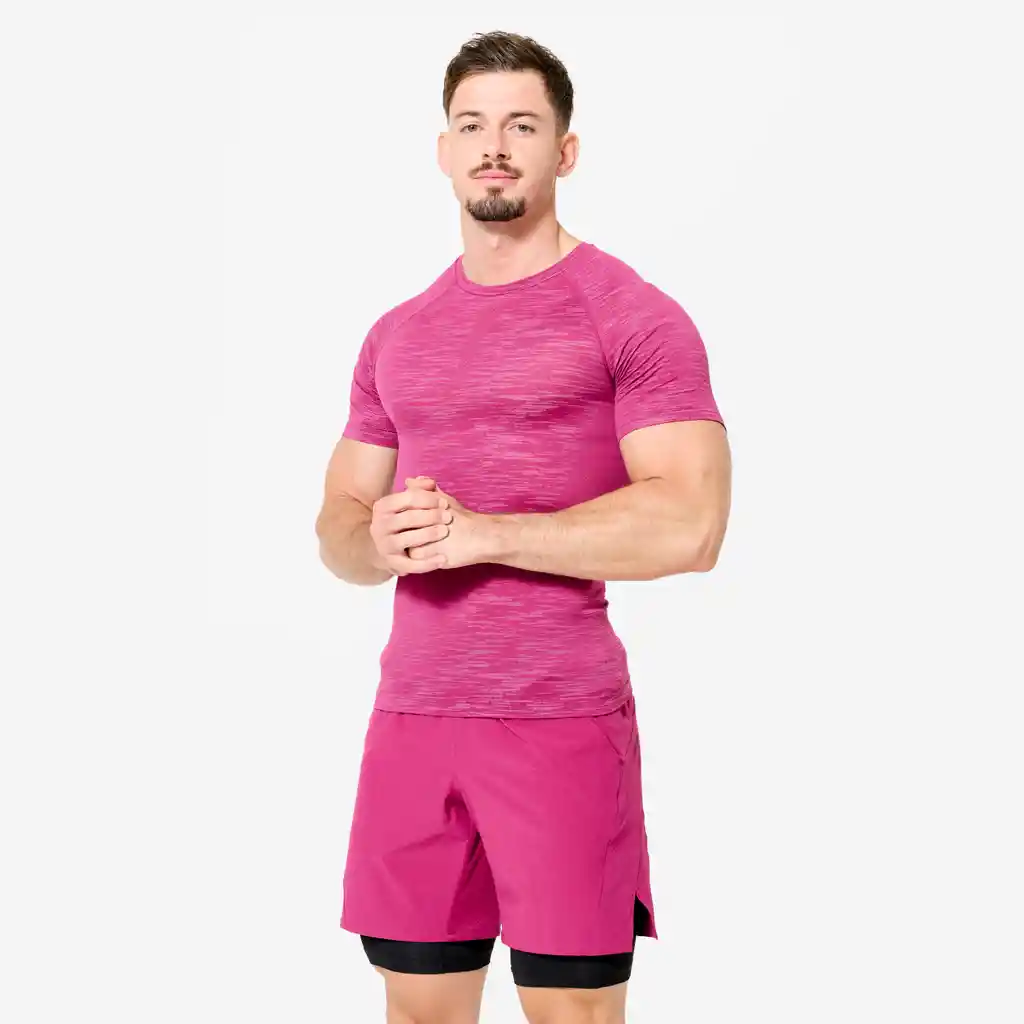 Camiseta Compresión Musculación Manga Corta Cuello Redondo Hombre Morada